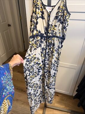 VGUC Silk Parker Cream Floral maxi dress with Navy & Yellow Print